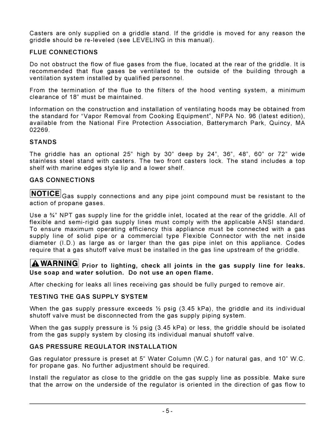 Vulcan-Hart ML-135310-936RX, ML-135309-924RX Flue Connections, Stands, GAS Connections, Testing the GAS Supply System 