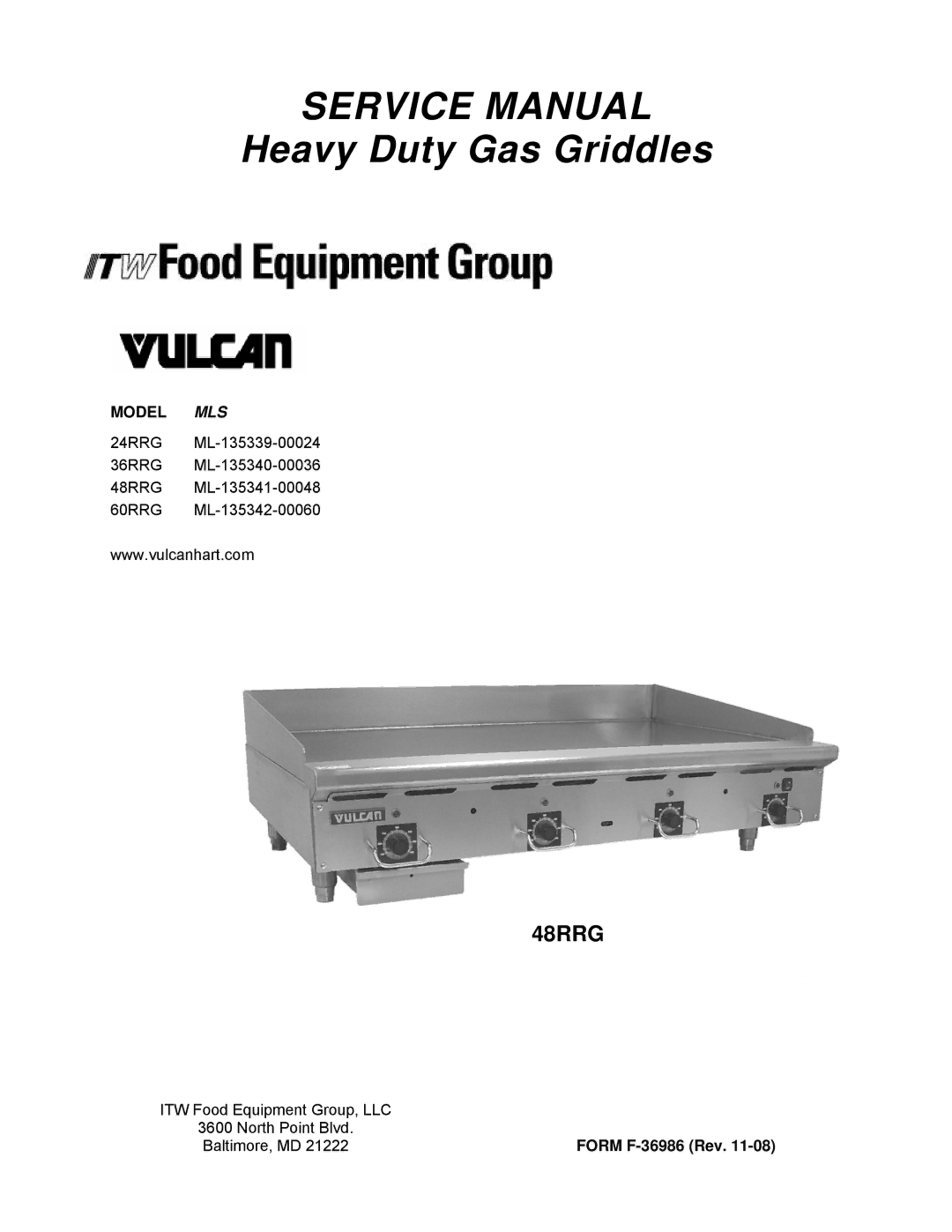 Vulcan-Hart ML-135341-00048, ML-135340-00036, ML135341-00048, ML-135339-00024 service manual Heavy Duty Gas Griddles, 48RRG 