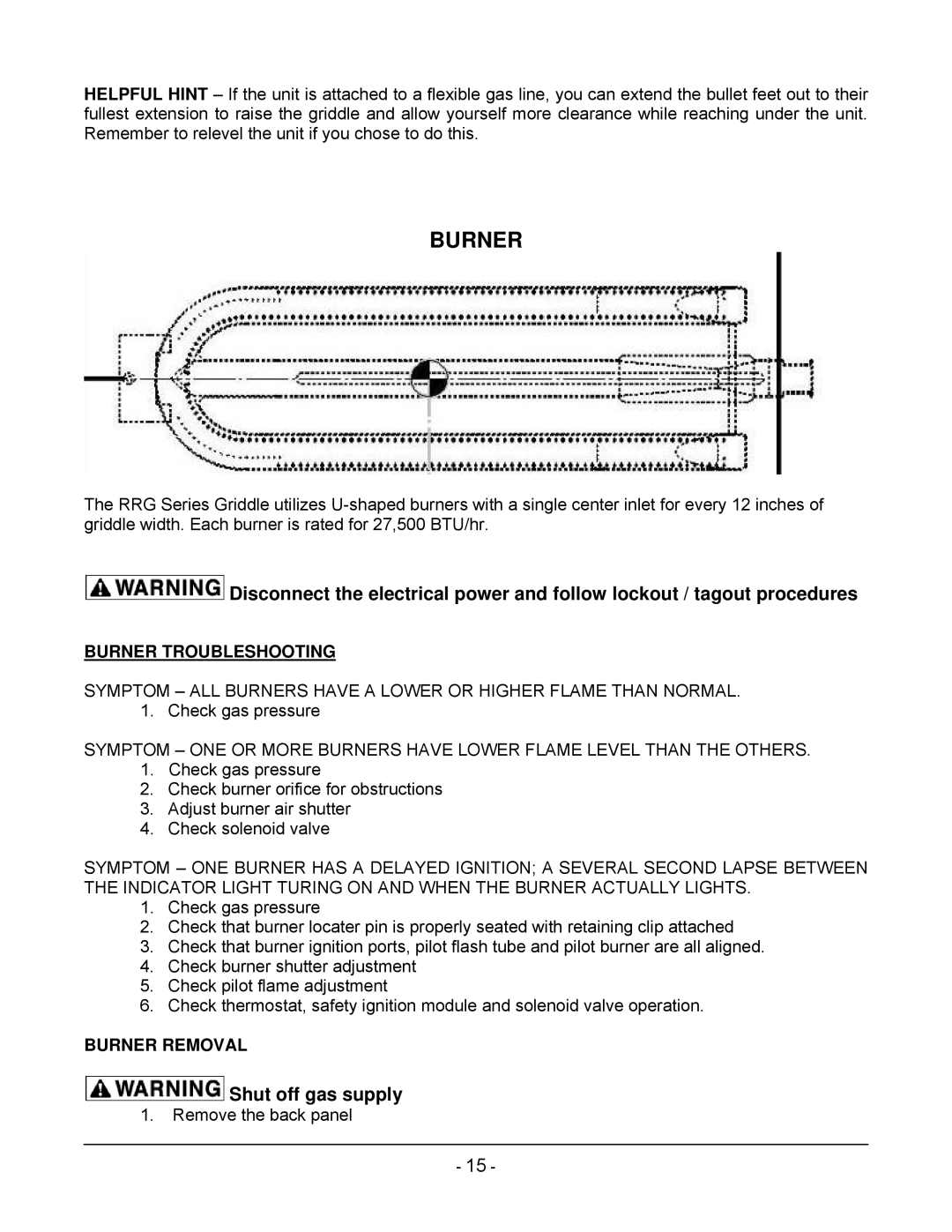 Vulcan-Hart 60RRG, ML-135340-00036, ML-135341-00048, ML135341-00048, 48RRG, 36RRG Burner Troubleshooting, Burner Removal 