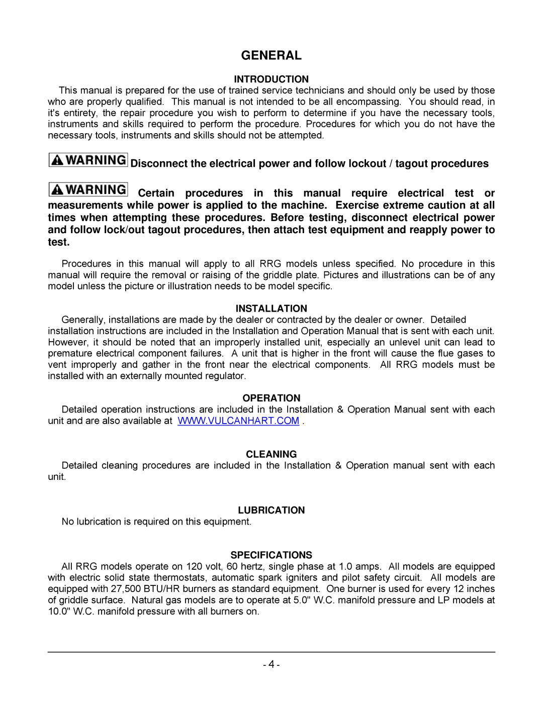 Vulcan-Hart ML-135342-00060, 48RRG General, Introduction, Installation Operation Cleaning Lubrication, Specifications 