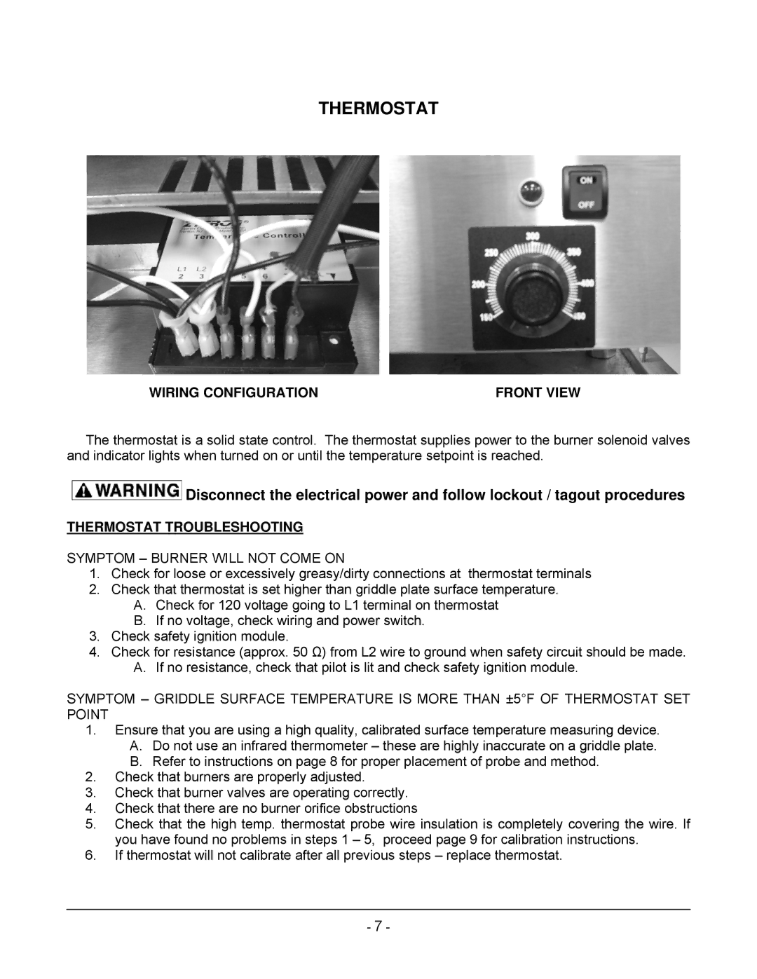 Vulcan-Hart 36RRG, ML-135340-00036 Wiring Configuration, Thermostat Troubleshooting, Symptom Burner will not Come on 