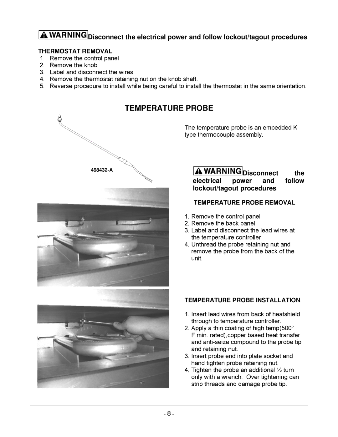 Vulcan-Hart 24RRG, ML-135340-00036, 48RRG Thermostat Removal, Temperature Probe Removal, Temperature Probe Installation 