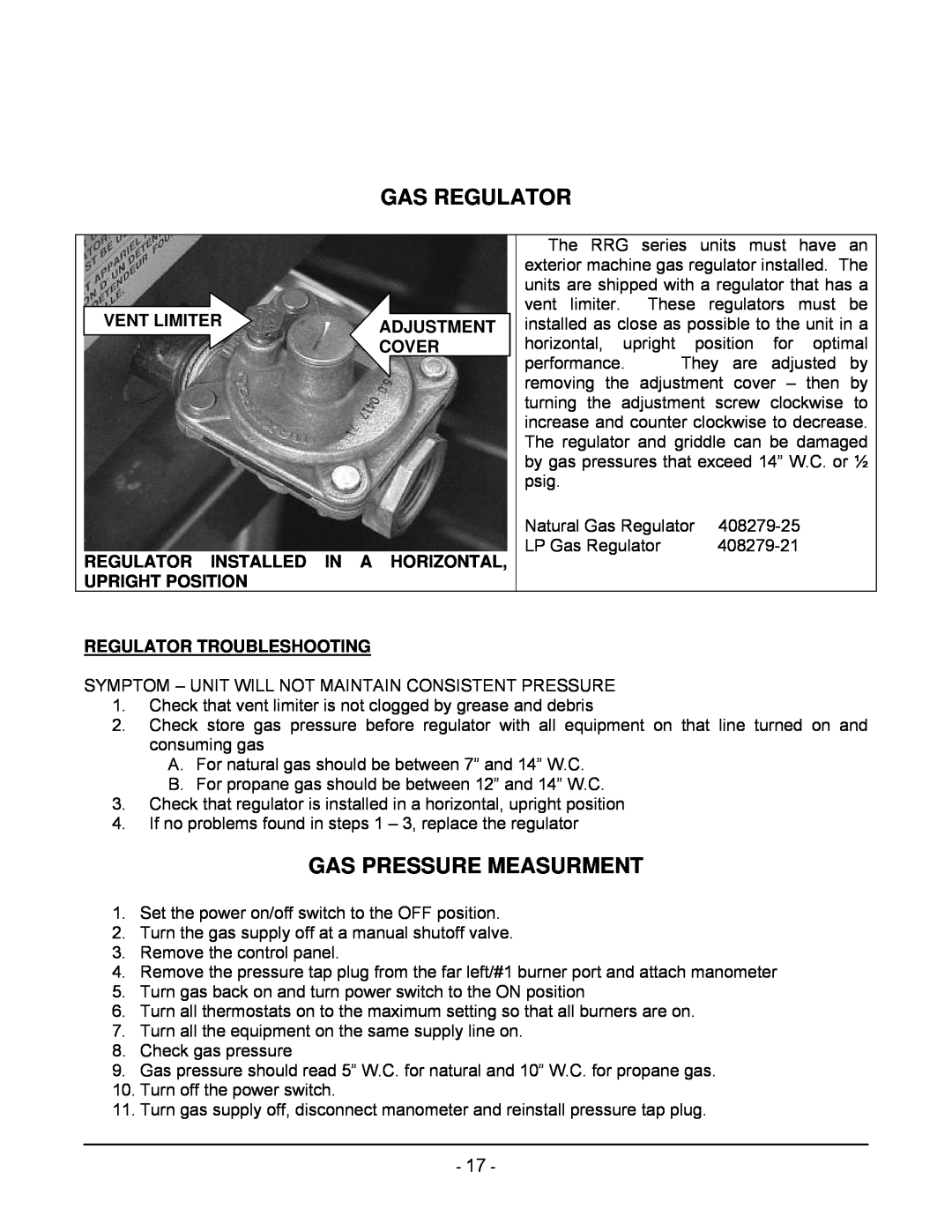 Vulcan-Hart 24RRG, ML-135340-00036 Gas Regulator, Gas Pressure Measurment, Vent Limiter, Cover, Regulator Troubleshooting 