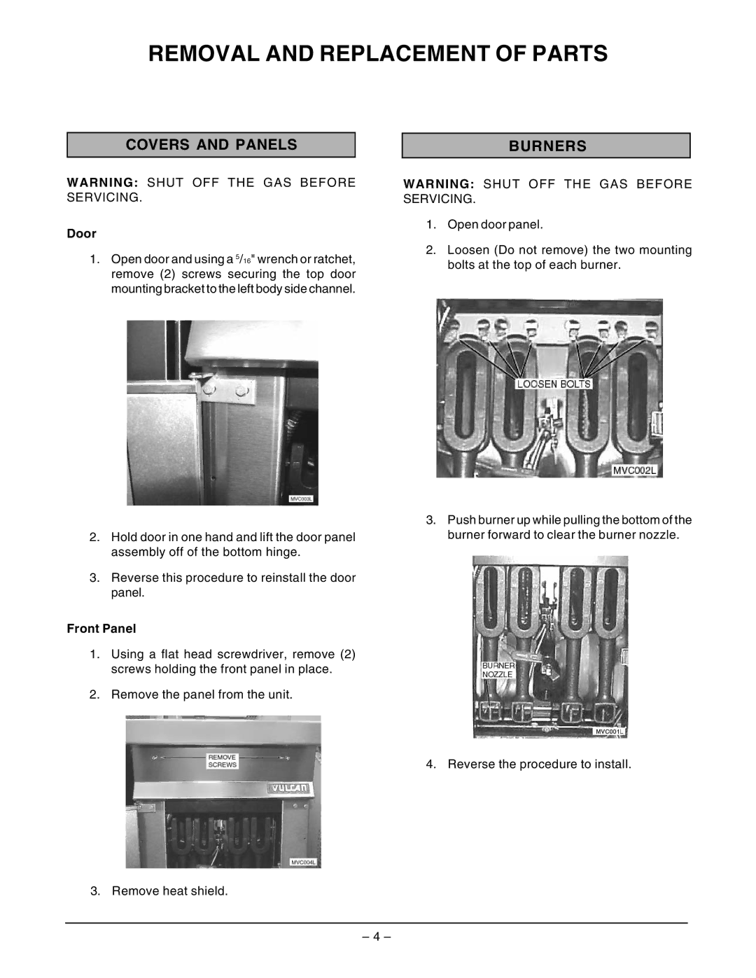 Vulcan-Hart ML-135503, ML-135504, GHF91G Removal and Replacement of Parts, Covers and Panels, Burners, Door, Front Panel 