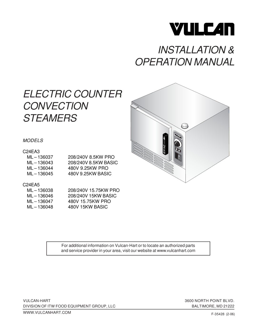 Vulcan-Hart ML 136038, ML 136045, ML 136047, ML 136048 operation manual Installation Electric Counter Convection Steamers 