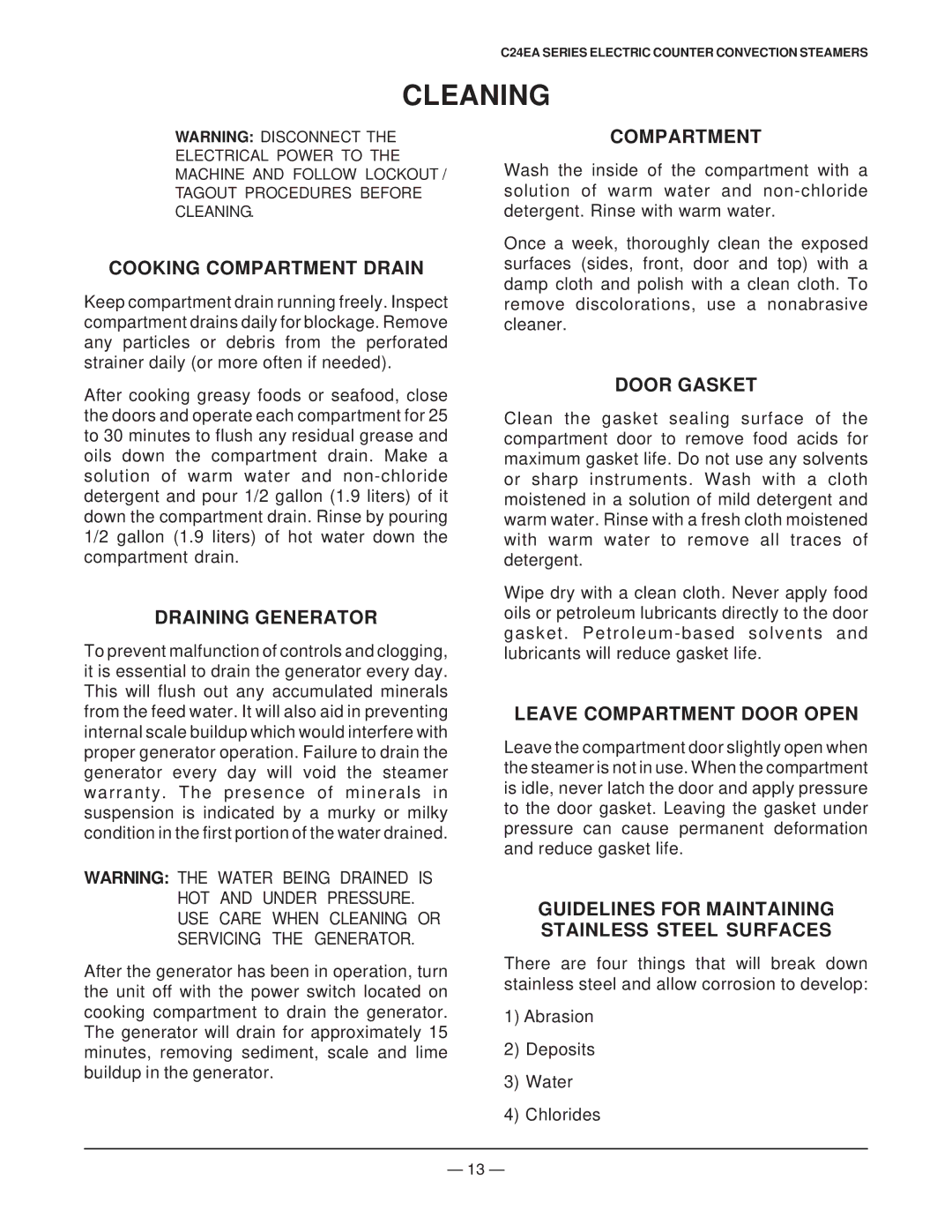 Vulcan-Hart ML 136037, ML 136045, ML 136038, ML 136047, ML 136048, ML 136046, ML 136044, ML 136043 operation manual Cleaning 