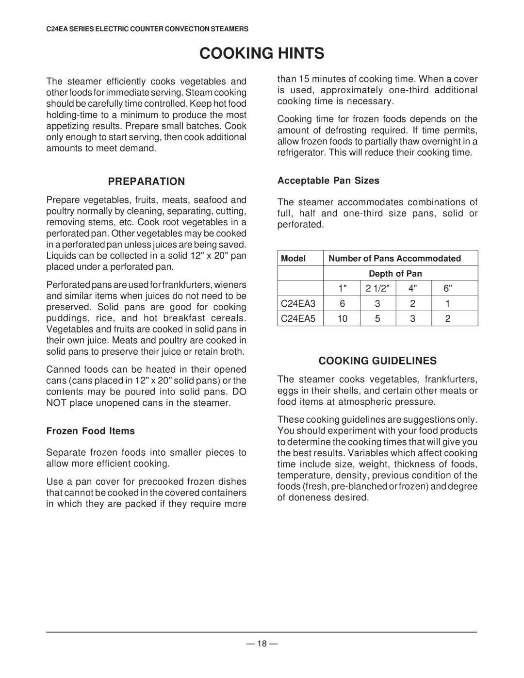 Vulcan-Hart ML 136047, ML 136045 Cooking Hints, Preparation, Cooking Guidelines, Frozen Food Items, Acceptable Pan Sizes 