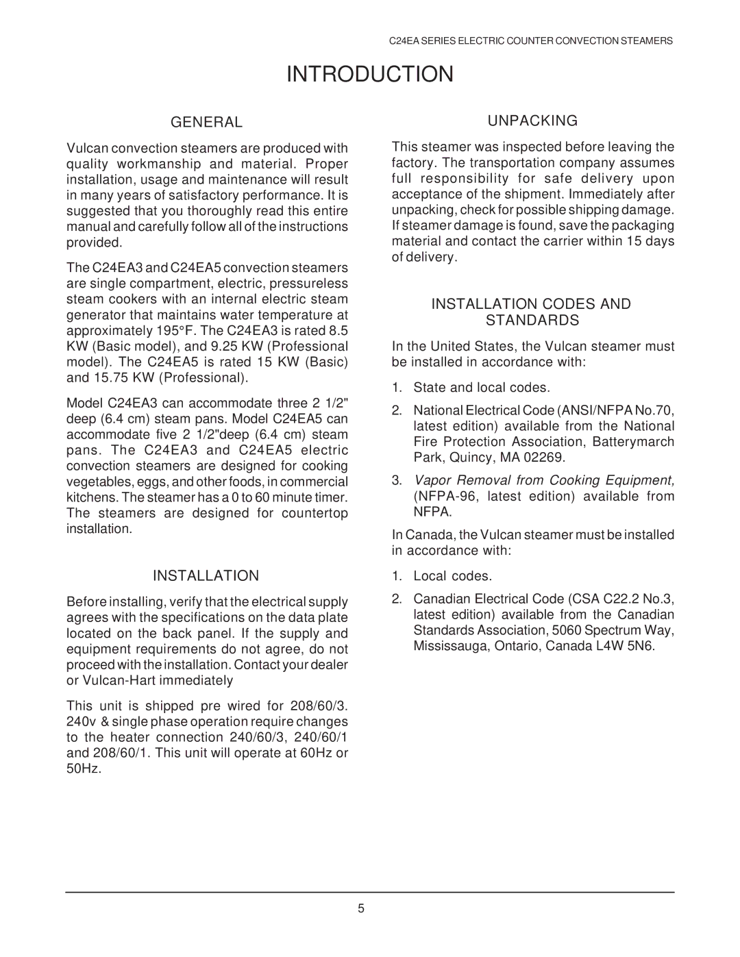 Vulcan-Hart ML 136037, ML 136045, ML 136038, ML 136047 Introduction, General, Unpacking, Installation Codes Standards 