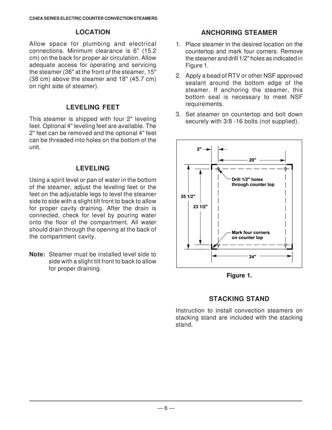 Vulcan-Hart ML 136044, ML 136045, ML 136038, ML 136047, ML 136048 Location, Leveling Feet, Anchoring Steamer, Stacking Stand 