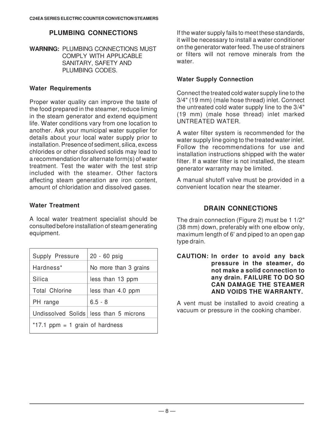 Vulcan-Hart ML 136045, ML 136038, ML 136047 Plumbing Connections, Drain Connections, Water Requirements, Water Treatment 