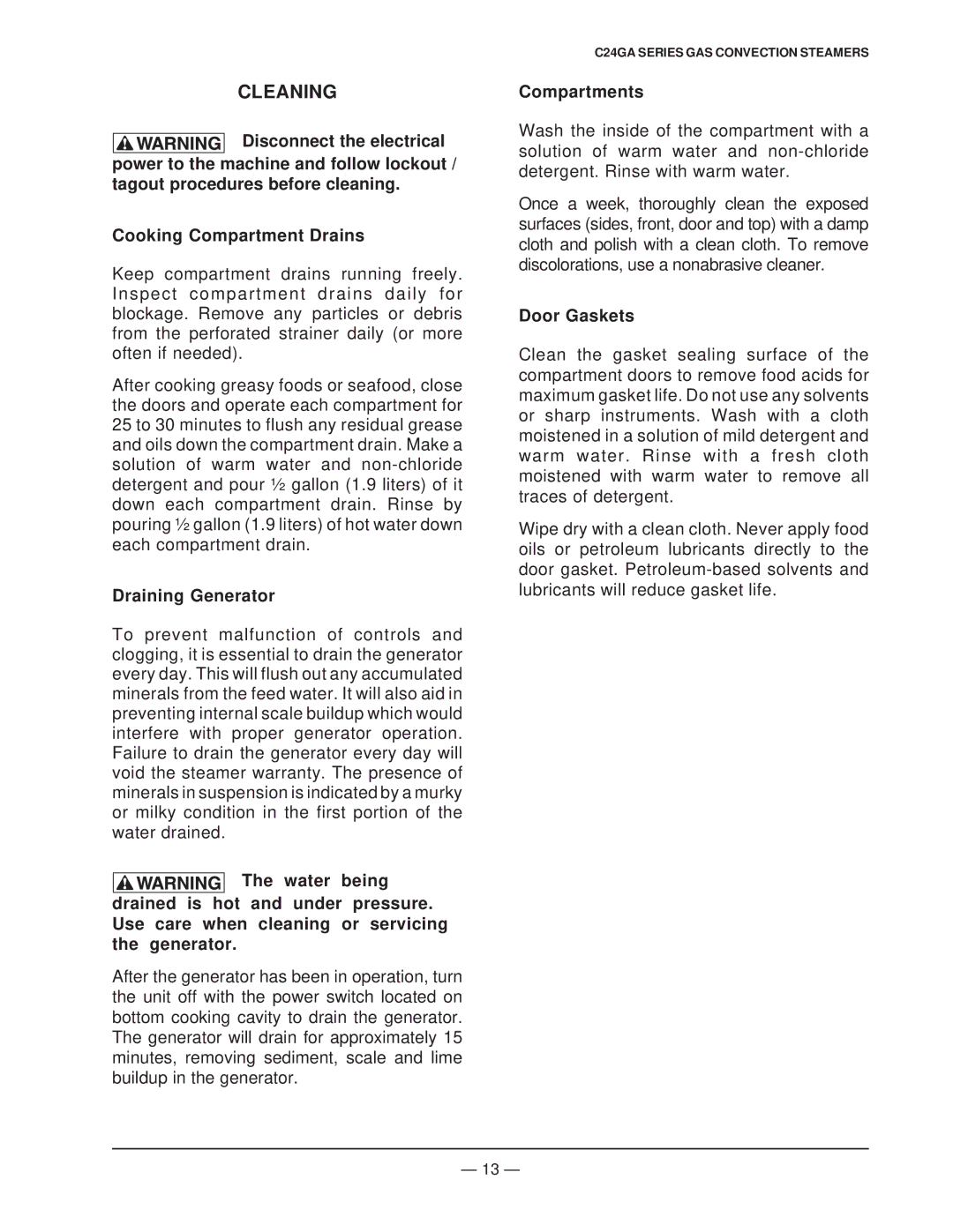 Vulcan-Hart ML-136056, ML-136057 operation manual Cleaning, Draining Generator, Compartments, Door Gaskets 