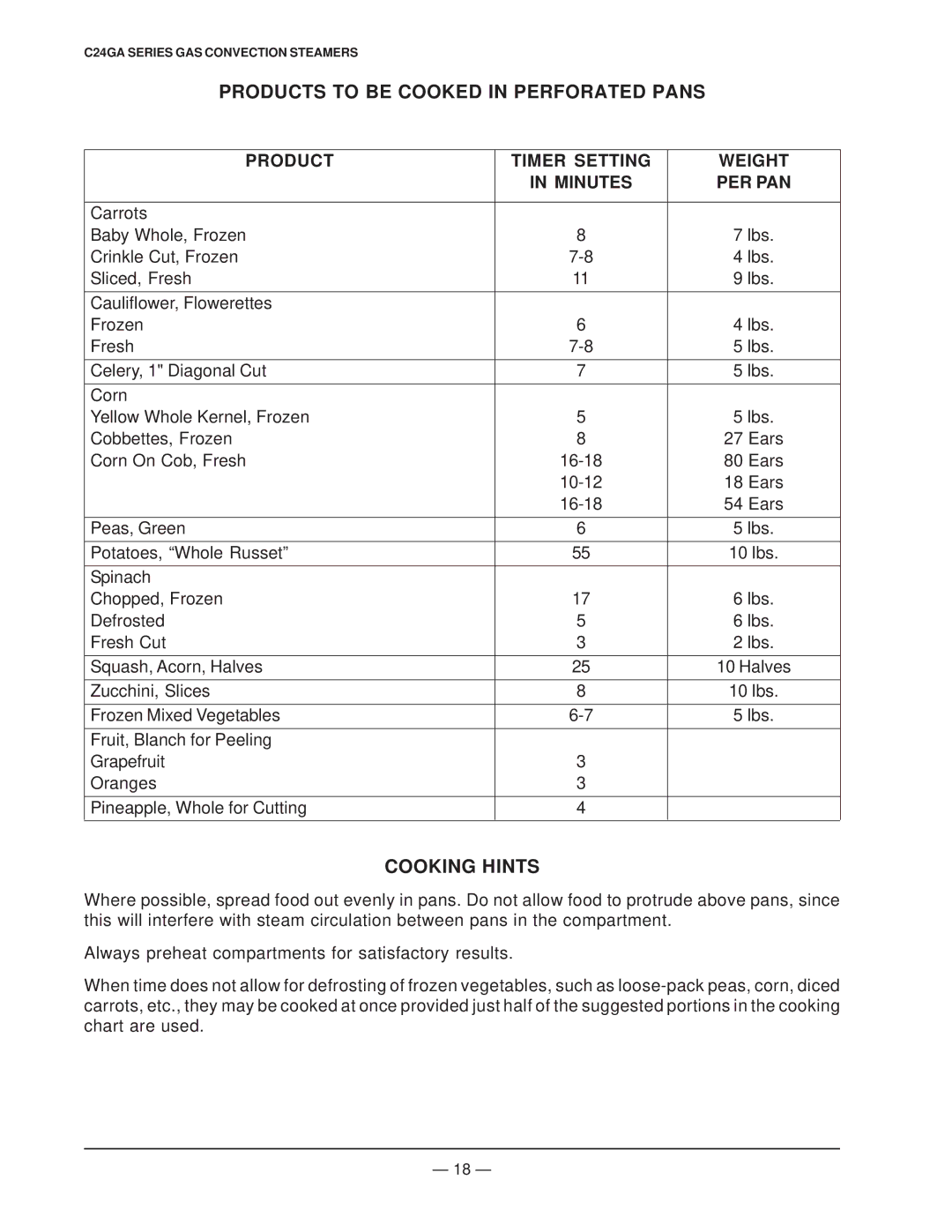 Vulcan-Hart ML-136057, ML-136056 operation manual Cooking Hints 