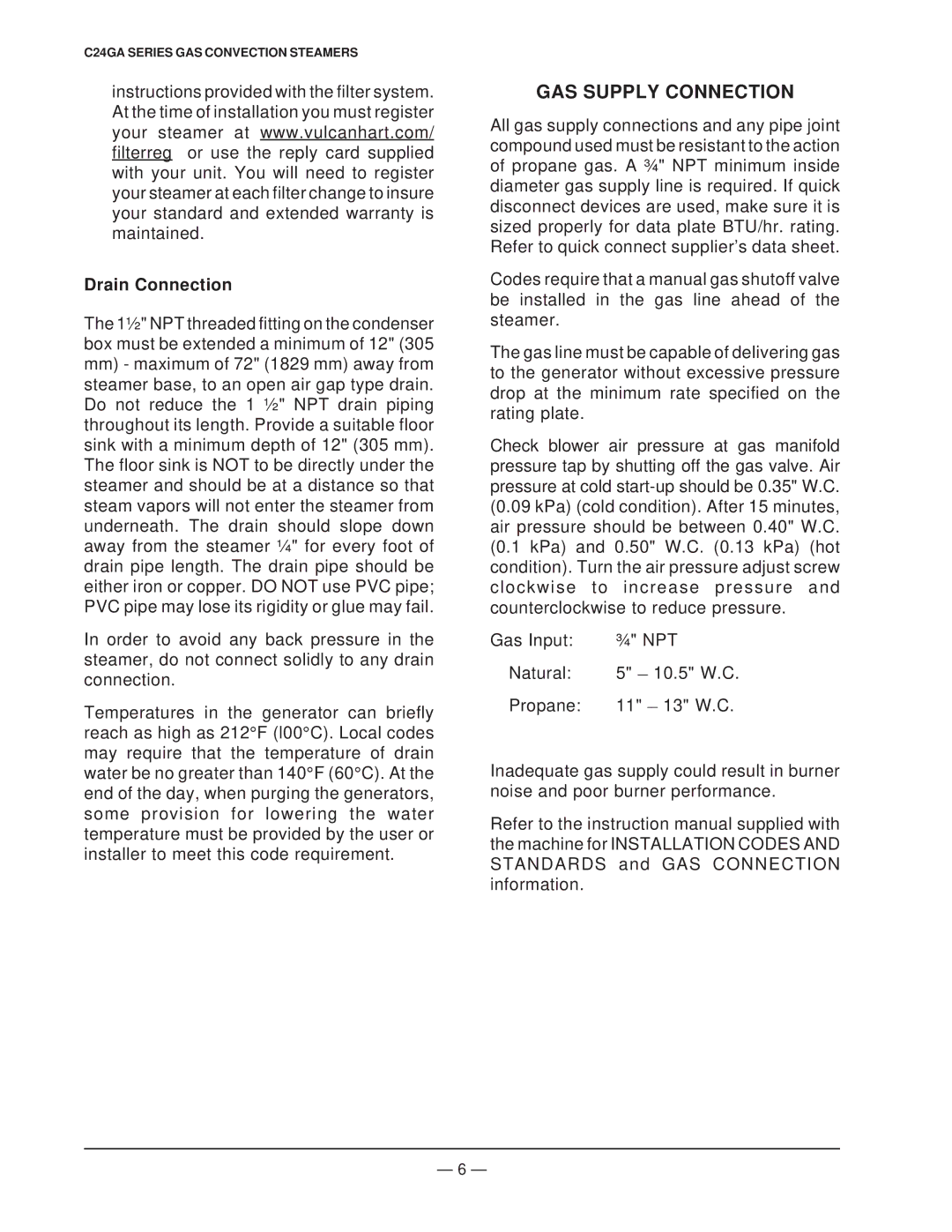 Vulcan-Hart ML-136057, ML-136056 operation manual GAS Supply Connection, Drain Connection 