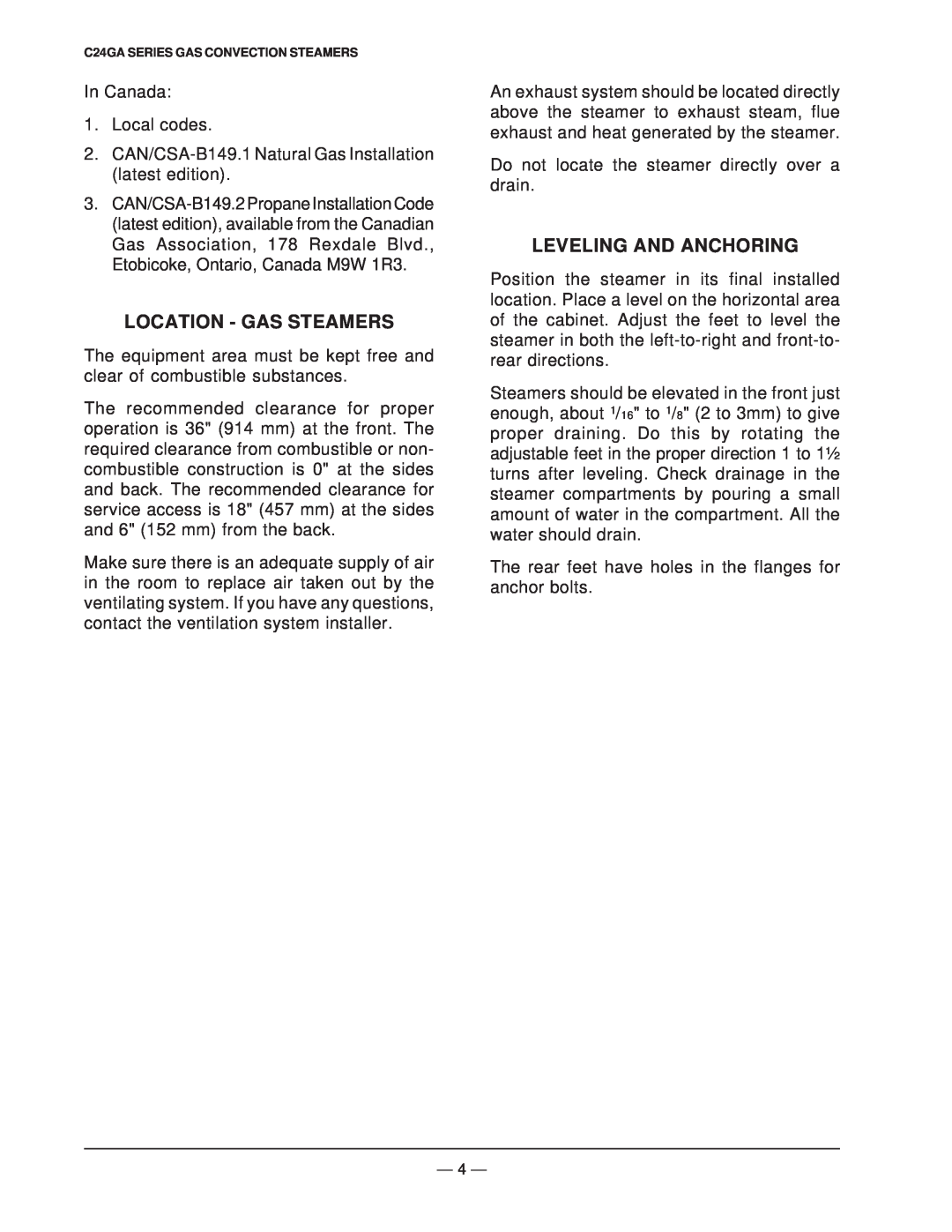 Vulcan-Hart ML-136057, ML-136056 operation manual Location - Gas Steamers, Leveling And Anchoring 