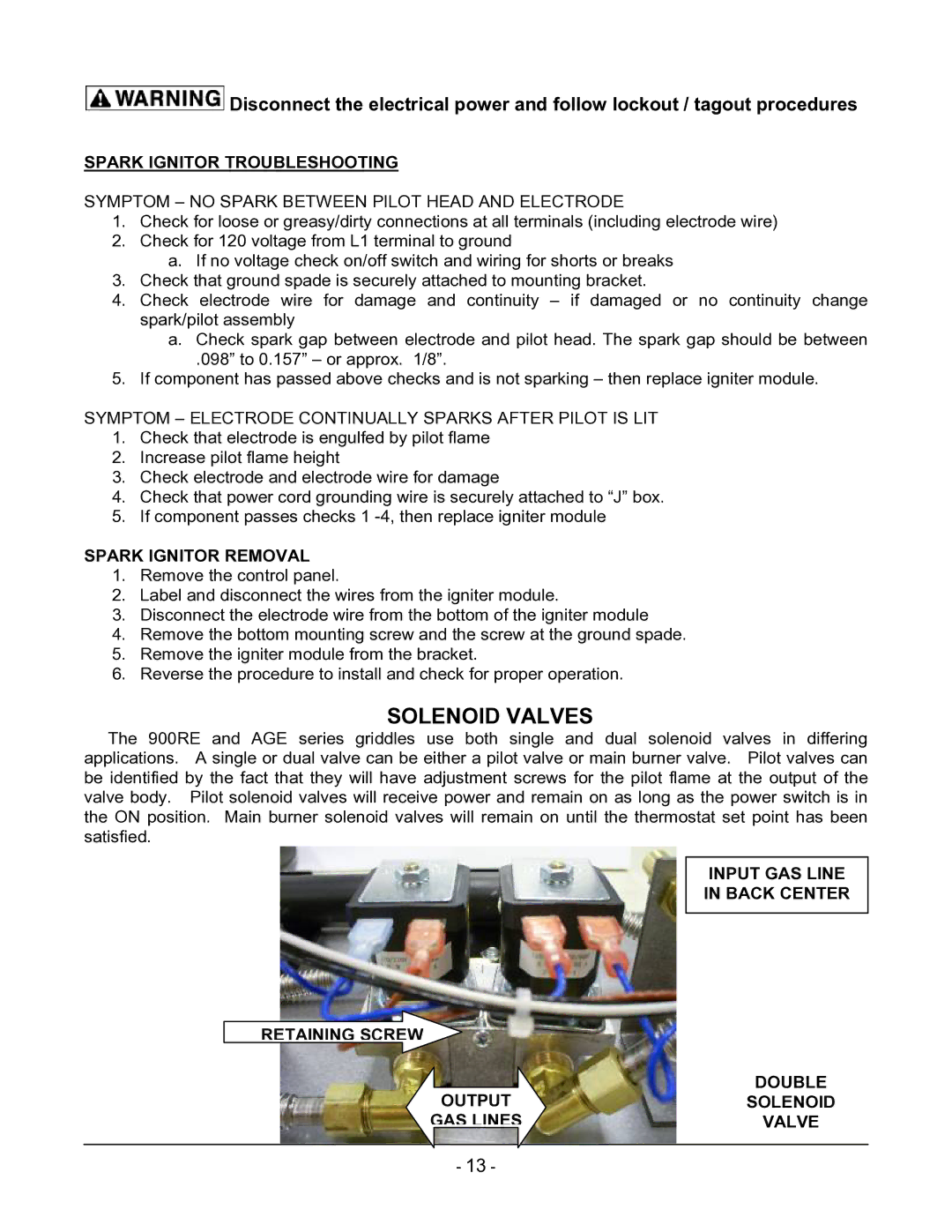 Vulcan-Hart ML-136221-00G24 manual Solenoid Valves, Spark Ignitor Troubleshooting, Spark Ignitor Removal, GAS Lines Valve 