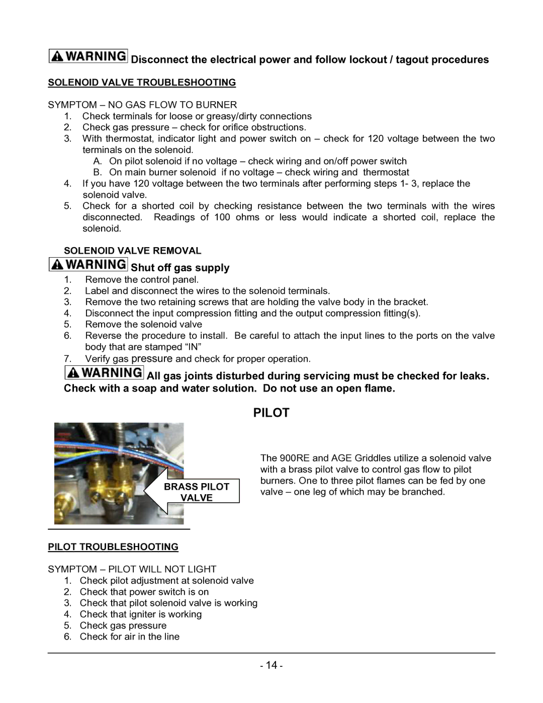 Vulcan-Hart ML-136221-00G24 manual Pilot, Solenoid Valve Troubleshooting, Solenoid Valve Removal 