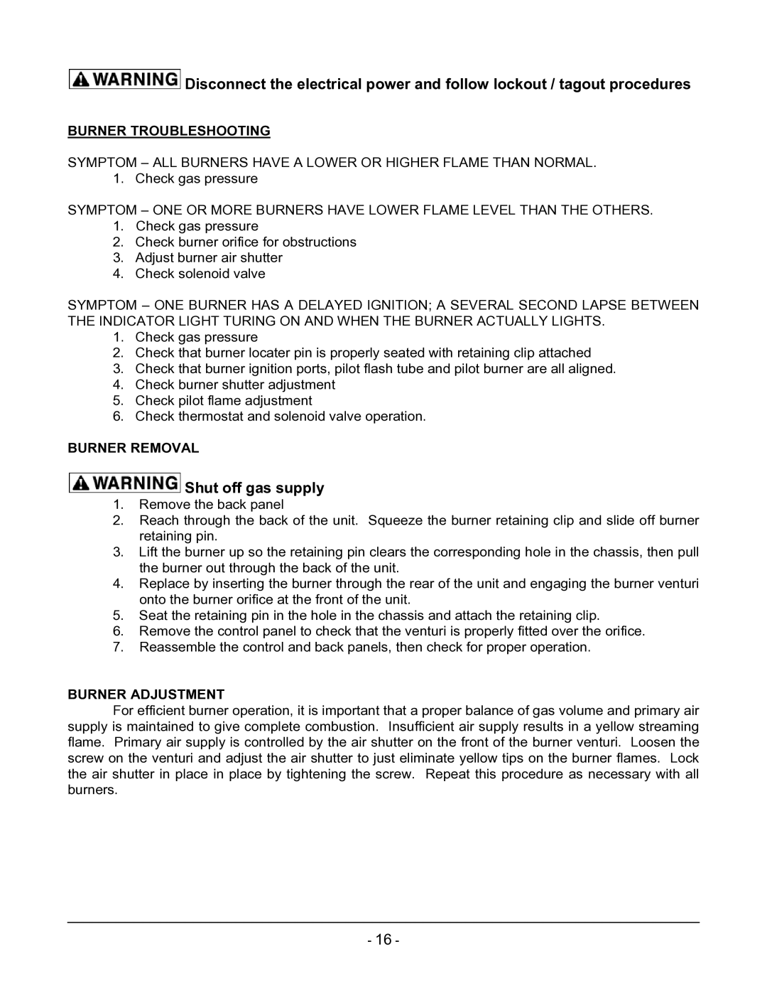 Vulcan-Hart ML-136221-00G24 manual Burner Troubleshooting, Burner Removal, Burner Adjustment 