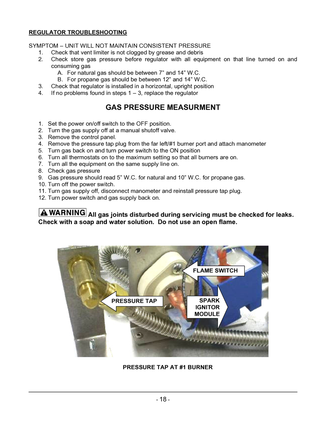 Vulcan-Hart ML-136221-00G24 manual GAS Pressure Measurment, Regulator Troubleshooting, Flame Switch Pressure TAP Spark 