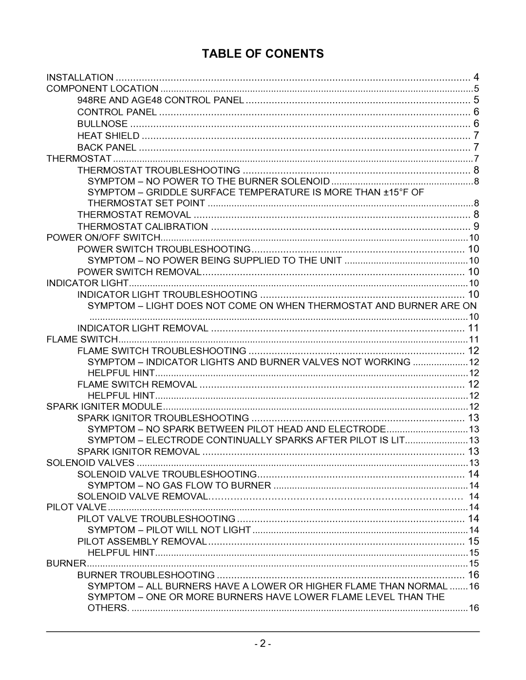 Vulcan-Hart ML-136221-00G24 manual Table of Conents, Thermostat Troubleshooting 