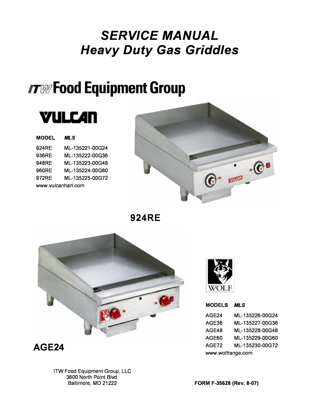 Vulcan-Hart ML-136221-00G24 manual 924RE AGE24, Model Mls, 960RE ML-135224-00G60, Models Mls, AGE60 ML-135229-00G60 