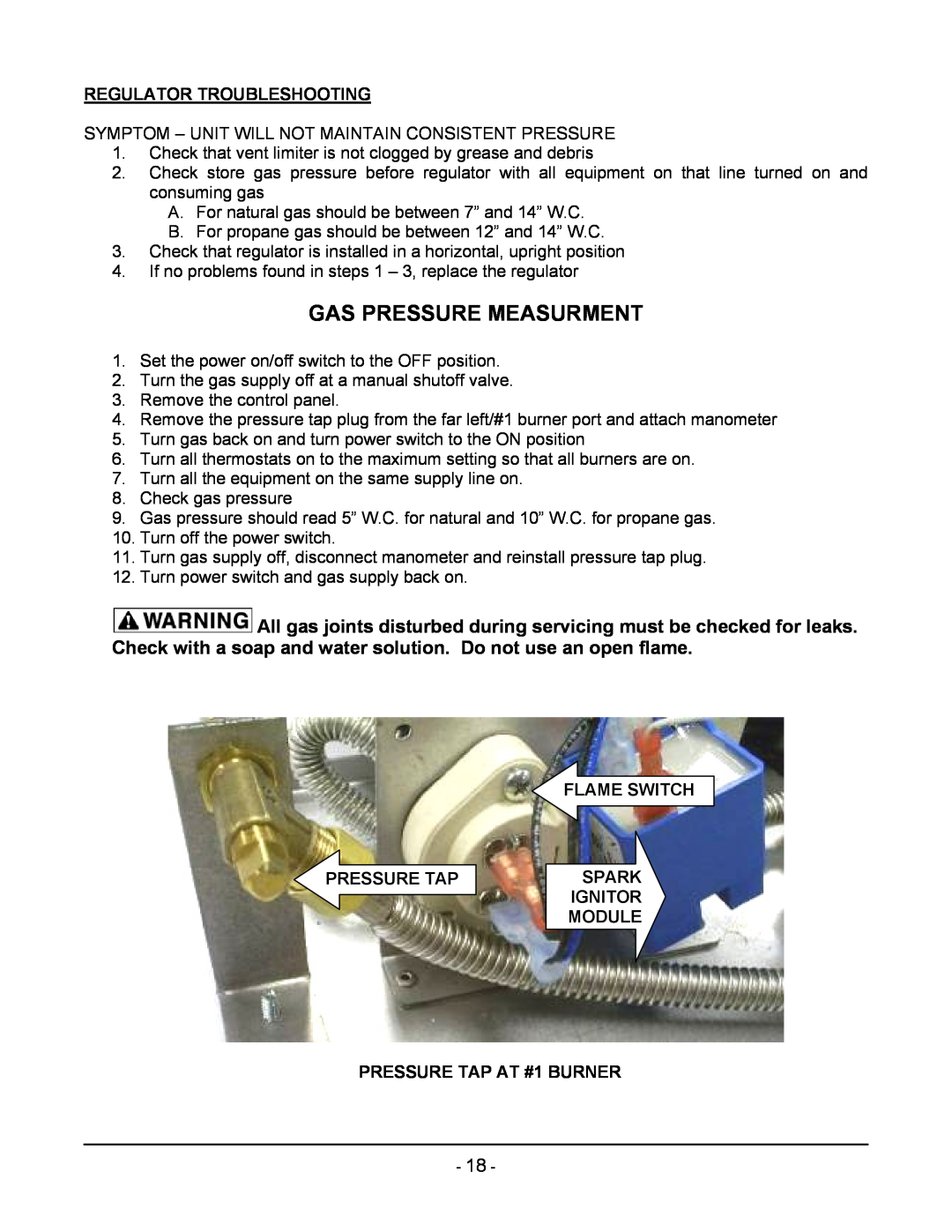 Vulcan-Hart ML-136221-00G24 manual Gas Pressure Measurment, Regulator Troubleshooting, Flame Switch, Pressure Tap, Spark 