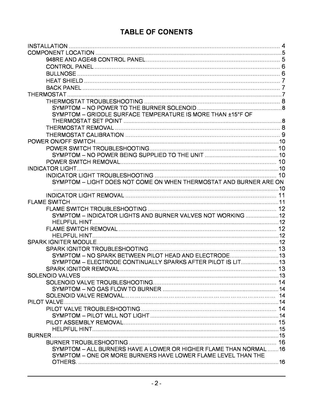 Vulcan-Hart ML-136221-00G24 manual Table Of Conents 