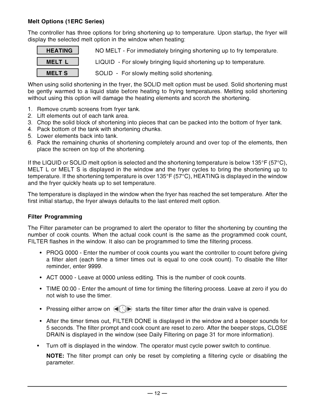 Vulcan-Hart 1ER50D, ML-136499, ML-136498, ML-136497 Melt Options 1ERC Series, Heating Melt L Melt S, Filter Programming 