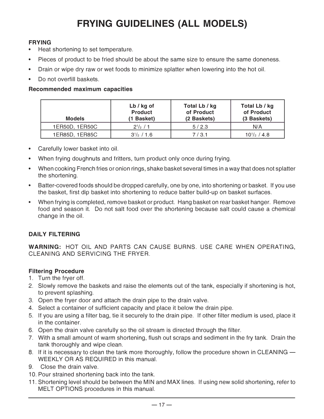 Vulcan-Hart ML-136498 Frying Guidelines ALL Models, Recommended maximum capacities, Daily Filtering, Filtering Procedure 