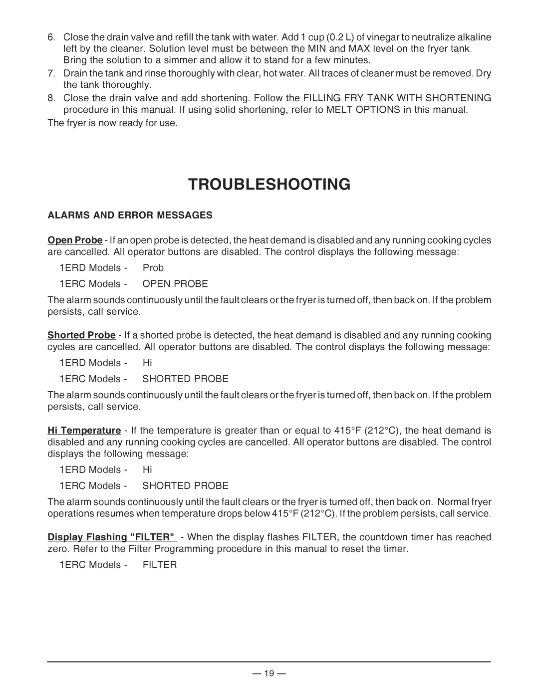 Vulcan-Hart ML-136496, ML-136499, ML-136498, ML-136497, 1ER50D, 1ER50C, 1ER85C Troubleshooting, Alarms and Error Messages 