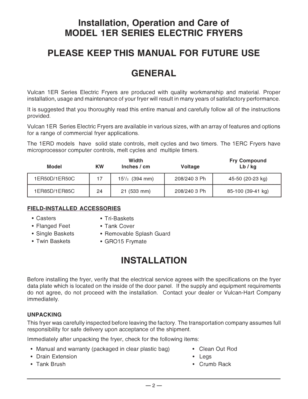 Vulcan-Hart ML-136497, ML-136499, ML-136498, ML-136496, 1ER50D, 1ER50C Installation, FIELD-INSTALLED Accessories, Unpacking 