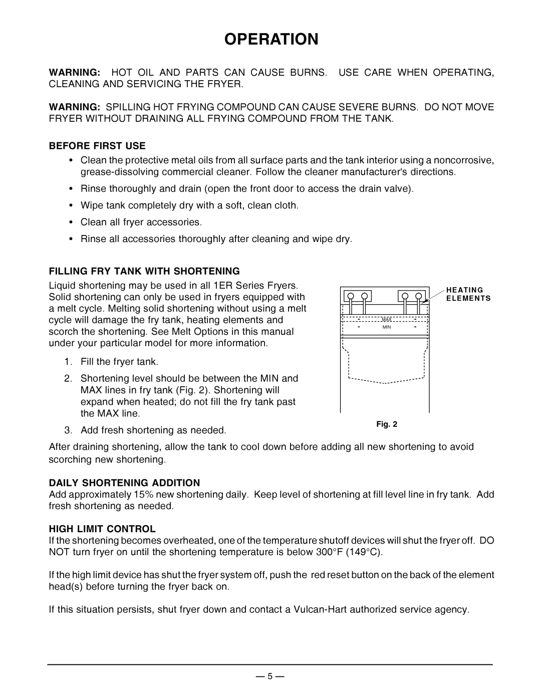 Vulcan-Hart 1ER50C, ML-136499 Operation, Before First USE, Filling FRY Tank with Shortening, Daily Shortening Addition 