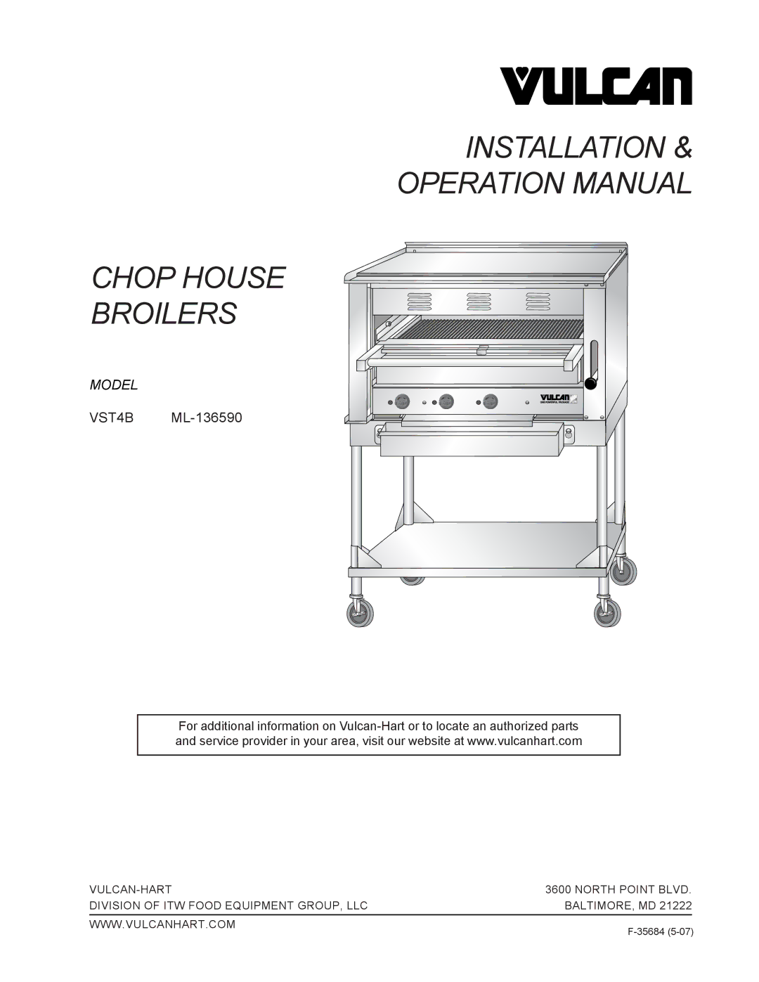 Vulcan-Hart VST4B, ML-136590 operation manual Installation Chop House Broilers 