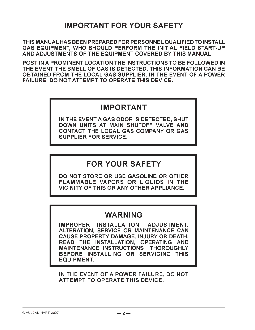 Vulcan-Hart ML-136590, VST4B operation manual Important for Your Safety, For Your Safety 