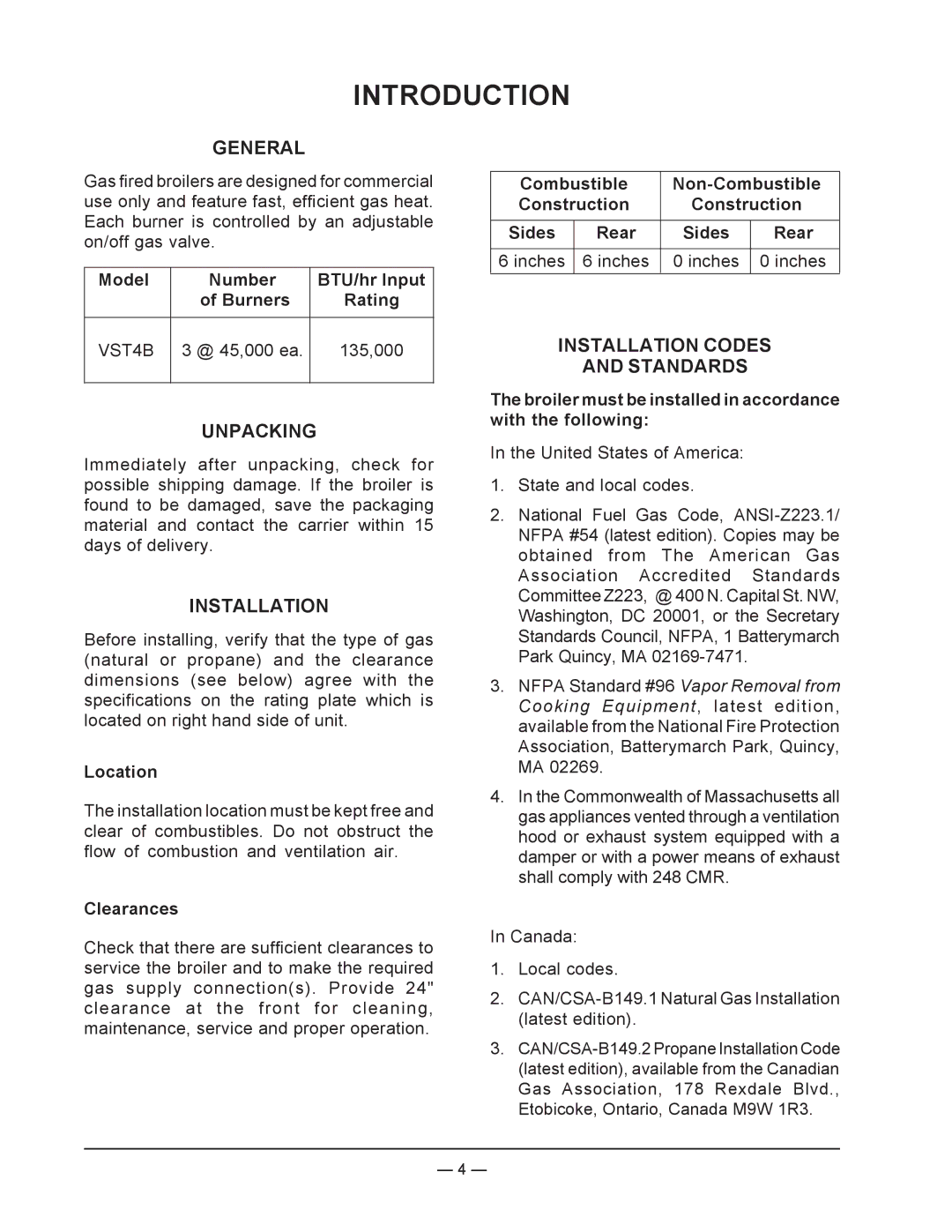 Vulcan-Hart ML-136590, VST4B operation manual Introduction, General, Unpacking, Installation Codes Standards 