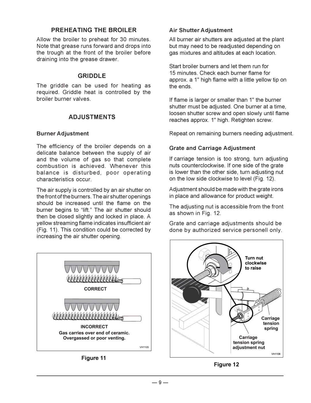 Vulcan-Hart VST4B, ML-136590 operation manual Preheating the Broiler, Griddle, Adjustments 