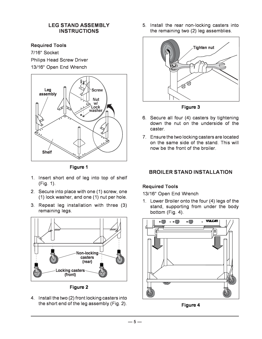 Vulcan-Hart VST4B, ML-136590 operation manual Leg Stand Assembly Instructions, Broiler Stand Installation 