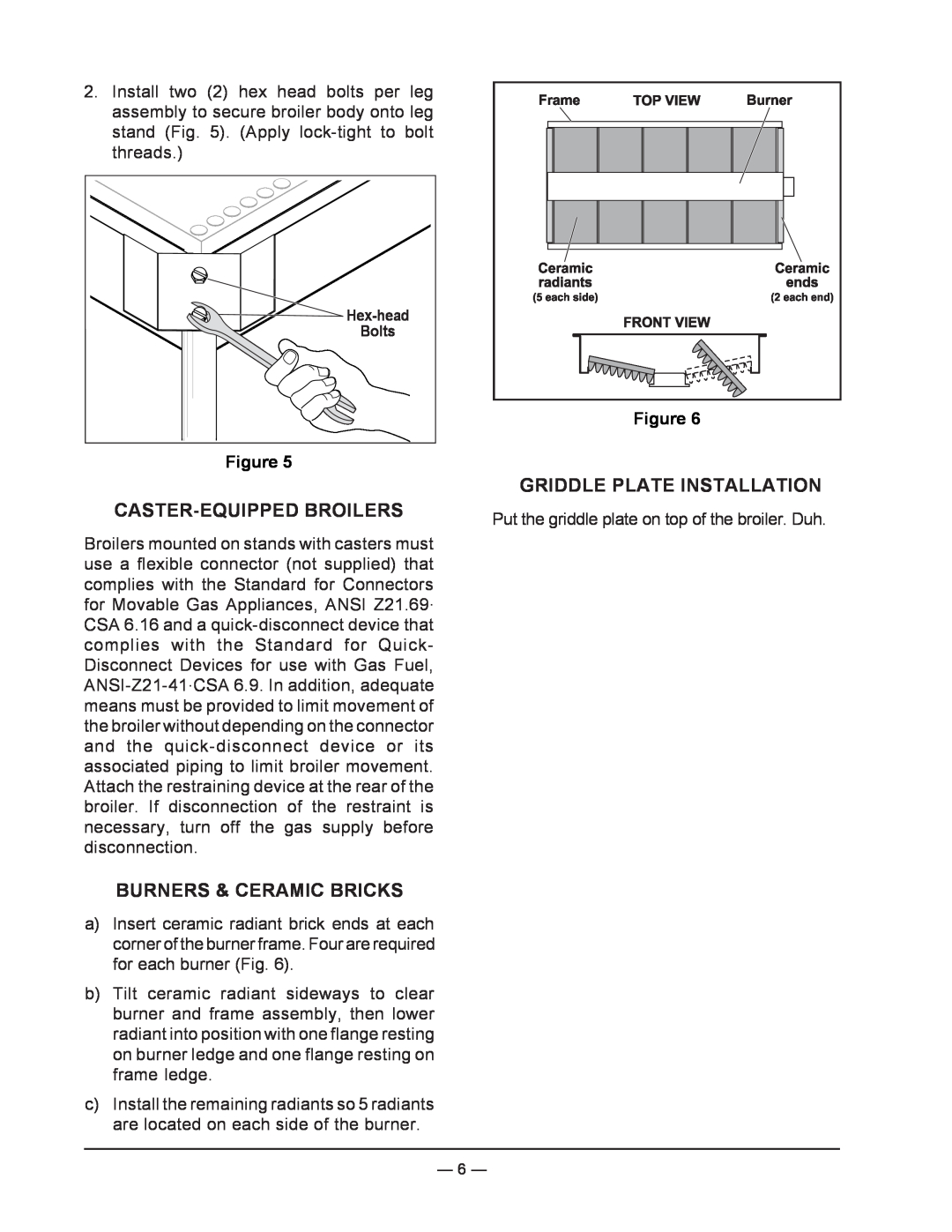 Vulcan-Hart ML-136590, VST4B operation manual Caster-Equippedbroilers, Burners & Ceramic Bricks, Griddle Plate Installation 
