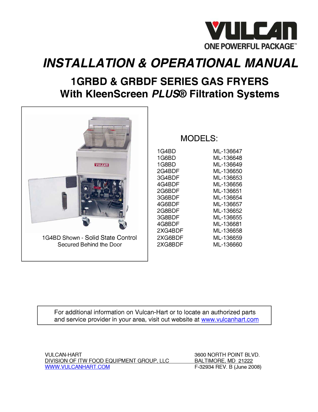 Vulcan-Hart ML-136656, ML-136654, ML-136657, ML-136681, ML-136651, ML-136652, 4G4BDF manual Installation & Operational Manual 