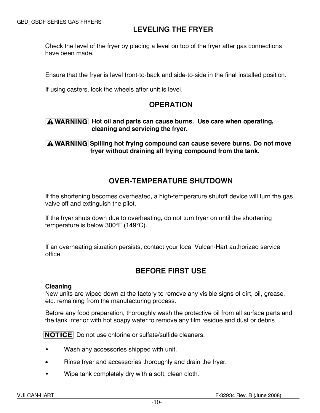 Vulcan-Hart ML-136649, ML-136654 manual Leveling the Fryer, Operation, OVER-TEMPERATURE Shutdown, Before First USE, Cleaning 