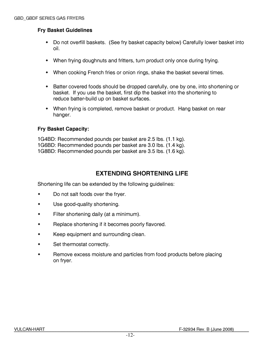 Vulcan-Hart 4G4BDF, ML-136654, ML-136656, ML-136657 Extending Shortening Life, Fry Basket Guidelines, Fry Basket Capacity 