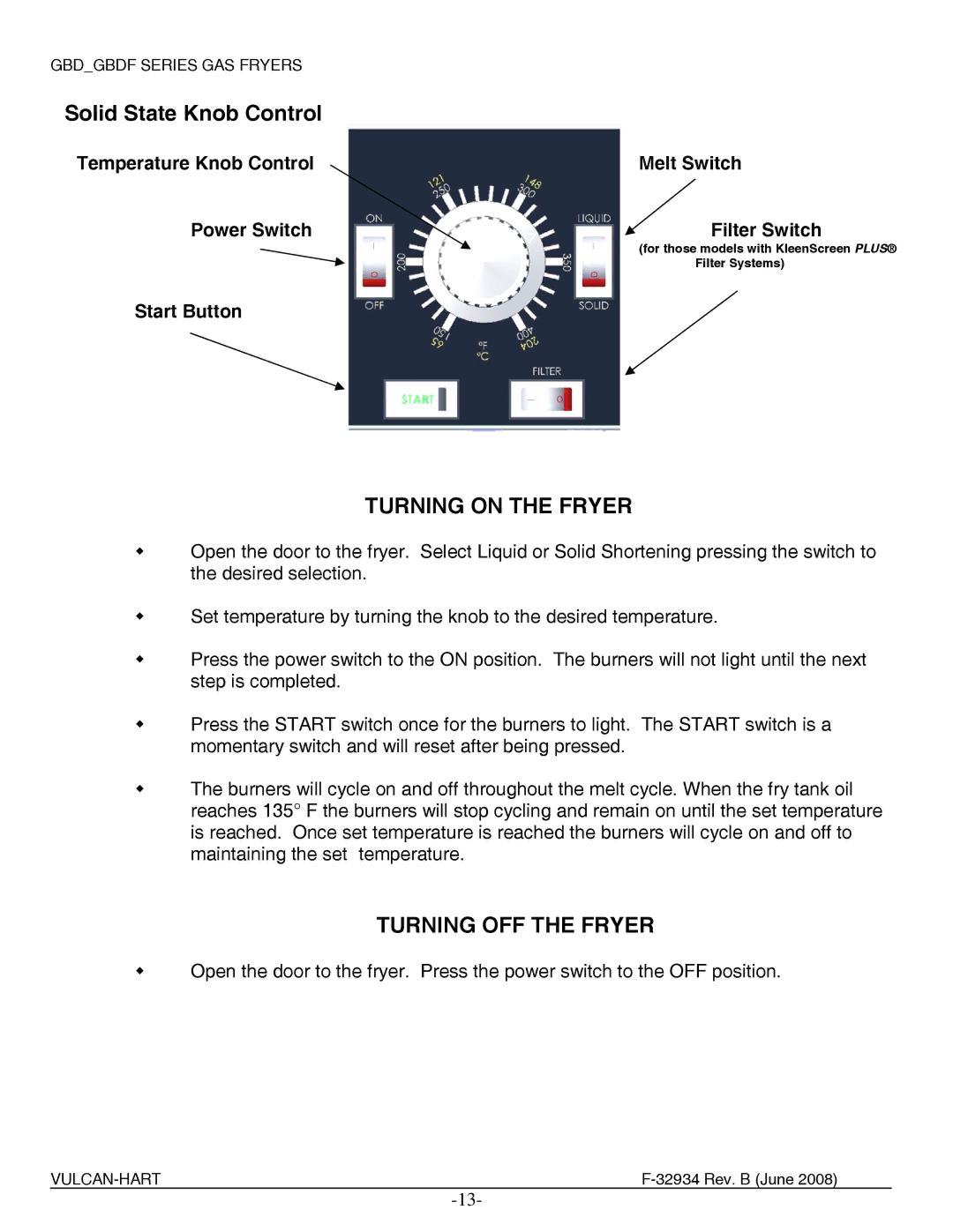 Vulcan-Hart 2XG6BDF, ML-136654, ML-136656, ML-136657, ML-136681 Turning on the Fryer, Turning OFF the Fryer, Start Button 