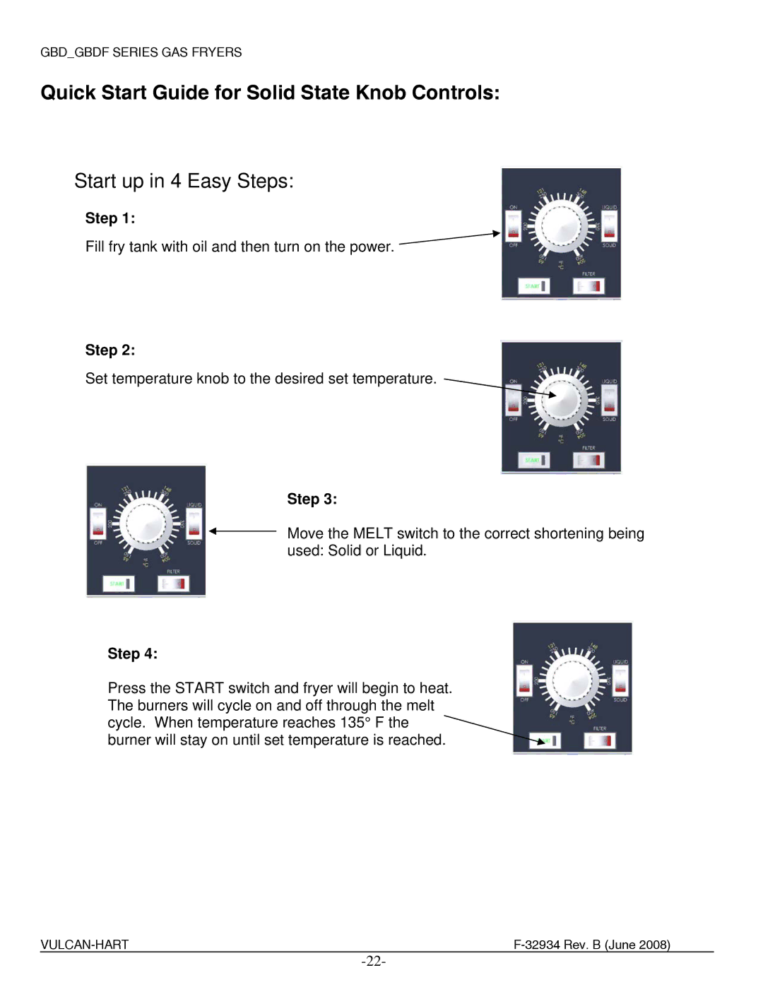 Vulcan-Hart 2G4BDF, ML-136654, ML-136656, ML-136657, ML-136681, ML-136651 manual Quick Start Guide for Solid State Knob Controls 