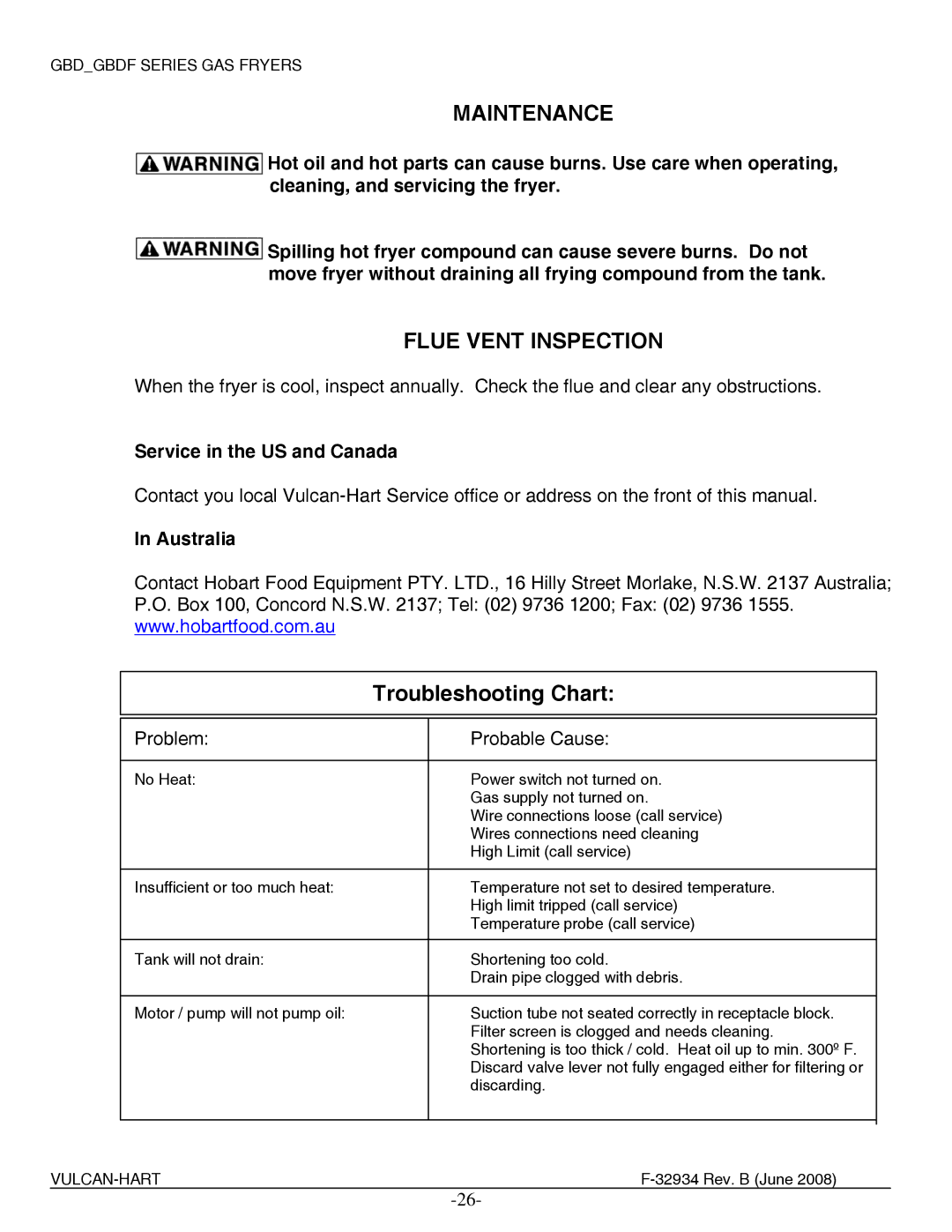 Vulcan-Hart 2G8BDF, ML-136654, ML-136656, 4G4BDF Maintenance, Flue Vent Inspection, Service in the US and Canada, Australia 