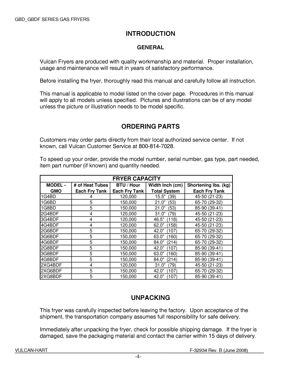 Vulcan-Hart ML-136651, ML-136654, ML-136656, ML-136657, ML-136681, ML-136652 Introduction, Ordering Parts, Unpacking, General 