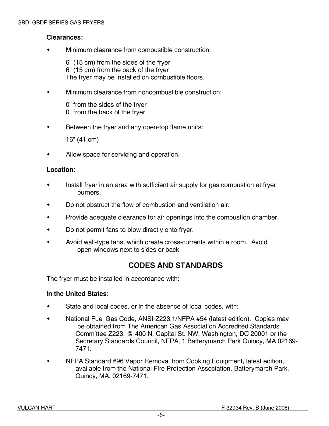 Vulcan-Hart ML-136652, ML-136654, ML-136656, ML-136657, ML-136681 Codes and Standards, Clearances, Location, United States 