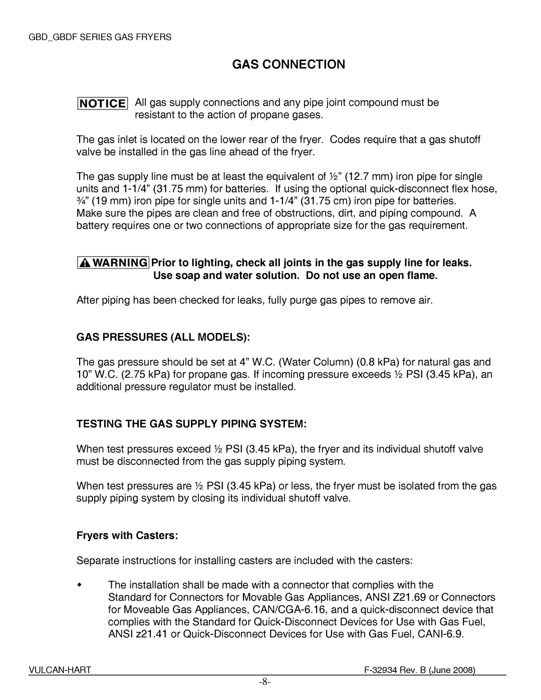 Vulcan-Hart ML-136647 GAS Connection, GAS Pressures ALL Models, Testing the GAS Supply Piping System, Fryers with Casters 