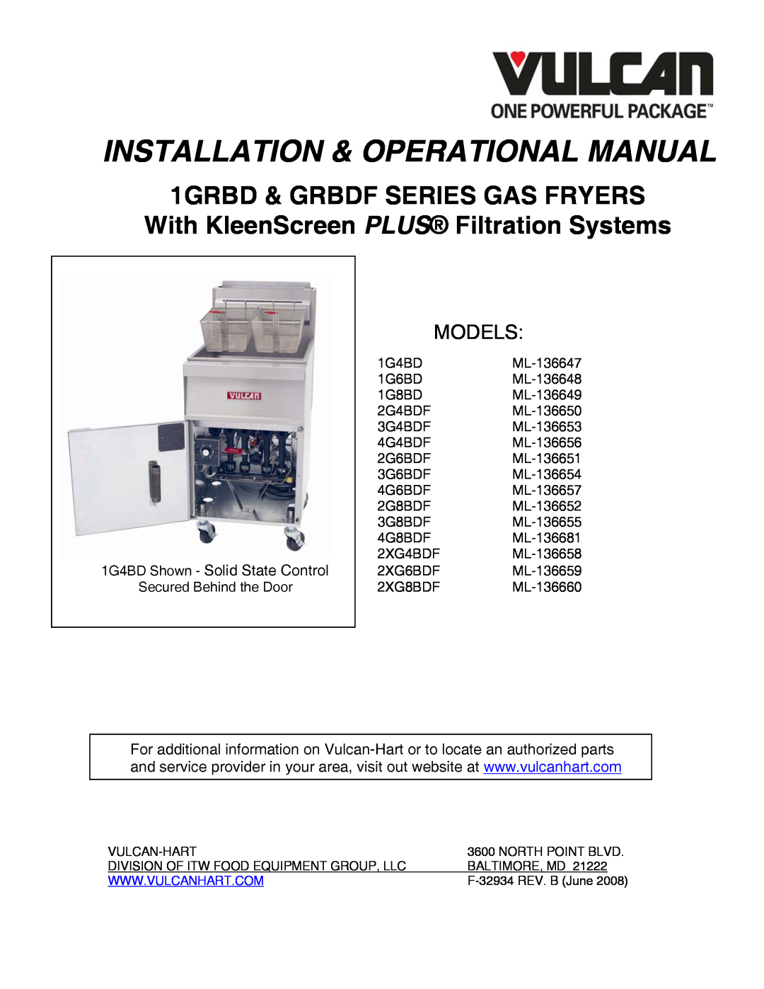 Vulcan-Hart ML-136656, ML-136654, ML-136657, ML-136681, ML-136651, ML-136652 manual Installation & Operational Manual, Models 