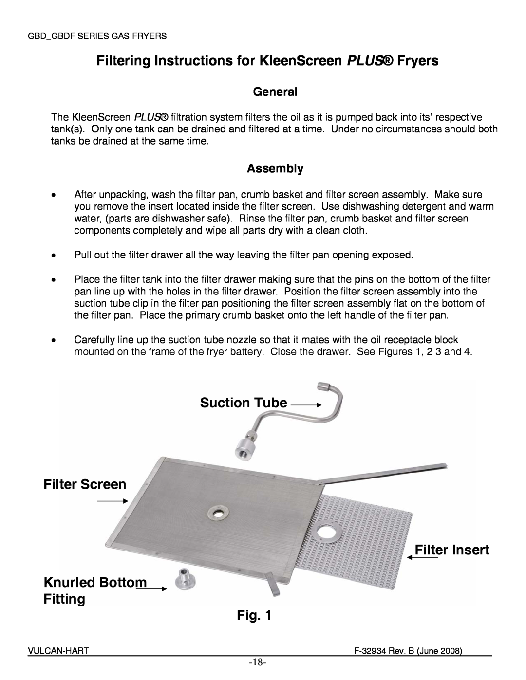 Vulcan-Hart 3G6BDF, ML-136654, ML-136656, ML-136657 Filtering Instructions for KleenScreen PLUS Fryers, General, Assembly 