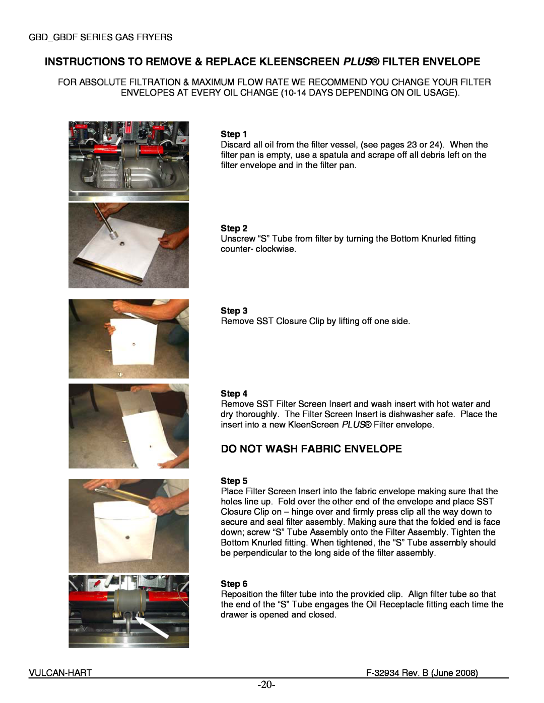 Vulcan-Hart 2XG4BDF Instructions To Remove & Replace Kleenscreen Plus Filter Envelope, Do Not Wash Fabric Envelope, Step 