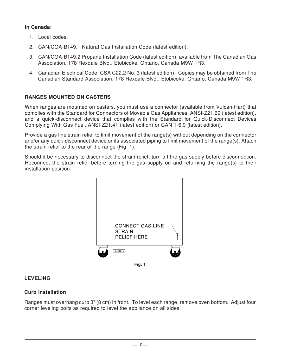 Vulcan-Hart ML-44905Z operation manual Canada, Ranges Mounted on Casters, Leveling, Curb Installation 